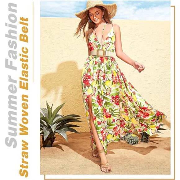 Woven Belt for Women StrawElastic Stretch Waist Belt Boho Belts LadiesBeach Belt - Picture 2 of 7